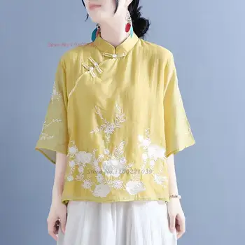 2023 kinijos derliaus qipao palaidinė moterų nacionalinės gėlių siuvinėjimas pagerėjo hanfu viršūnes tradicinės kinų retro zen marškinėliai