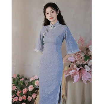 2023 Nėrinių Cheongsam Vasaros Mergaitė Senovinių Kinų Stiliaus Suknelė Mėlyna Ilgai Qipao Mados Moterų Suknelės DD865
