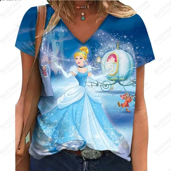 2023 Vasaros Mados Karšto Pardavimo Disney Moterų trumpomis Rankovėmis V-Kaklo marškinėliai Elsa Stiliaus Atsitiktinis Didelių 3D Spausdinimo Prarasti Kvėpuojantis Viršų