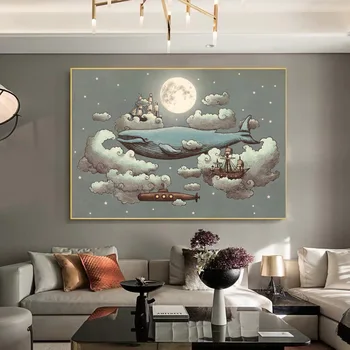 Abstrakti Fantasyism Mėnulis Banginių ir Povandeninis Plakatas Freskos Šeimos Miegamojo, Vaikų Kambario Sienų Apdailos Drobė Menas (be Rėmelio)