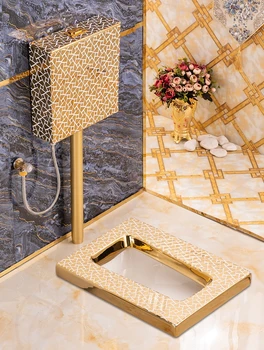 Aukso tupint tualetas, tupint duobę tipas nuplovimo bakelis nustatyti, keramikos showers, tylus ir odorproof