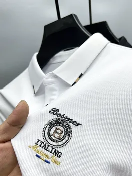 Aukštos klasės prekės ženklo vyriški ilgio rankovėmis išskirtinį siuvinėjimo POLO marškinėliai atsitiktinis mados atvartas marškinėliai kieto spalvų raukšlių atsparus viršų