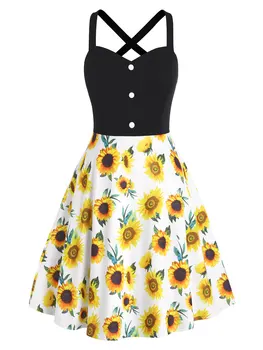 Derssfo Moterų Suknelė Plius Dydis Suknelė Saulėgrąžų High Waisted Suknelė Juoktis Mygtuką Criss Cross Linijos Mini Garden Party Dress 2023