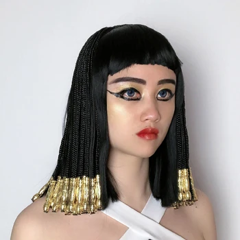 Egipto Kleopatra Cosplay Perukas, Juodas Pintas Stiliaus Karščiui Atsparių Sintetinių Plaukų Helovinas Šalis Karnavaliniai Perukai Perukas Bžūp