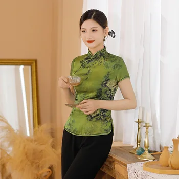 Elegantiška Žalia Qipao Moterys, Satino, Šilko Tango Drabužius, Vintage Stiliaus Kinijos Viršų Spausdinti Gėlių Cheongsam Trumpas Rankovės Hanfu Marškinėliai