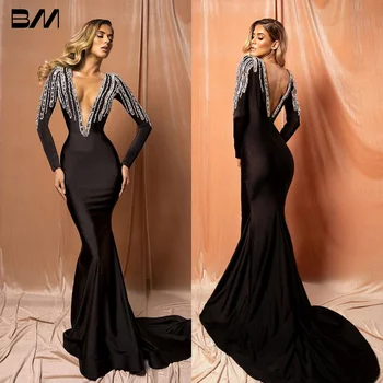 Elegantiškas Satino Undinė Šalis Suknelė Ilgomis Rankovėmis Giliai V Kaklo Slidinėti Oficialus Suknelės Vestidos Prom 2023 Vestidos De Noche