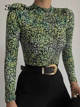Forefair Rudenį, O-kaklo Atsitiktinis Leopardas Spausdinti Mada Moterims Pasėlių Top ilgomis Rankovėmis Žalia Bodycon Streetwear T-shirt Apranga