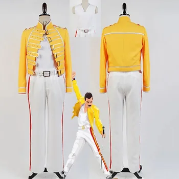 Karalienė Vokalas Freddie Mercury Cosplay Kostiumų Geltona Striukė, Kelnės Suaugusių Vyrų Apranga Vienoda Cosplay Halloween Carnival 