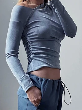 Moterų Off Peties Apkarpyti Viršūnes Long Sleeve Ruched Slim Fit Seksualus Y2K Marškinėliai Streetwear
