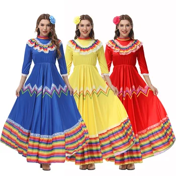 Moterų Tradiciniai Meksikos Liaudies Šokėjos Suknelė Suaugusiųjų Nacionalinės Meksikos Stiliaus Cinco De Mayo Kostiumas Bohemijos Ilgai