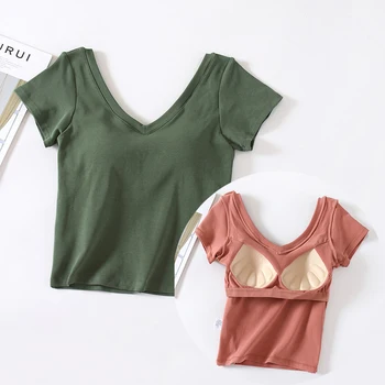 Moterų įmontuotą Krūtinės skydelis T Shirt vientisas Slim V-Kaklo, Trumpas Viršūnes Moterų Vasaros Medvilnės Dugno Marškinėliai