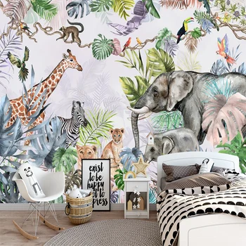 Pritaikyti 3d tapetai dekoruoti freskomis, rankomis dažyti Šiaurės miško gyvūnai žirafos vaikų sienos, namo apdailos