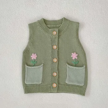 Rudenį, žiemą kūdikių megztiniai vaikams vest Gėlių aplikacija didelę kišenę, berankovė liemenė