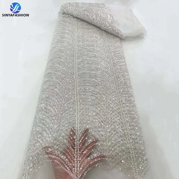 Sinya Kristalų, Perlų Blizgančiais Nėrinių Balta Afrikos Prancūzų Tiulio Nigerijos Siuvinėjimo Sunkiųjų Rankų Darbo Puošnios Nėrinių Audinio Nuotakos Suknelė