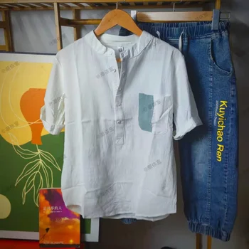 Vasaros plonos medvilnės skalbiniai, vyriški marškinėliai, trumpas rankovėmis Japonijos korėjiečių versija minimalistinio kontrastas kišenėje atsitiktinis palaidų montavimo vyriški