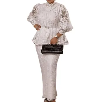 2 Gabalas Rinkiniai Afrikos Drabužiai Moterims Bodycon Nėrinių Maxi Suknelė Elegantiškas Vestuvių Suknelės Ankara Viršuje, Sijonas Atitikimo Rinkiniai Nr. Diržas