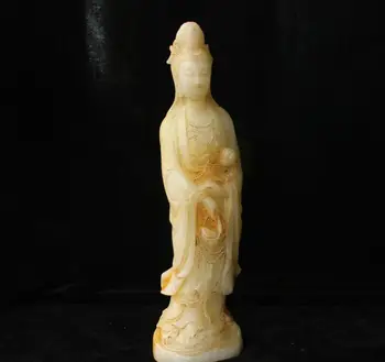 30cm Kinijos Gamtos Old Jade ranka raižyti Kwan-yin Budos Statula, Skulptūra