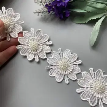 91cm 3D White Pearl Zawalcowany Sun Flower Išsiuvinėti Nėriniai Apdailos Juostelės Gėlių Aplikacijos Pleistrai Suknelė Audinio Siuvimo Amato Derliaus 5cm